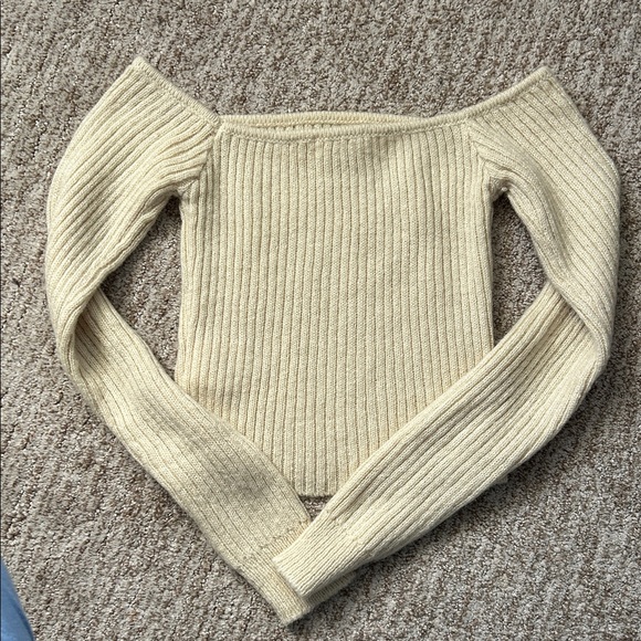 12th Tribe Beige Ribbed Off-Shoulder Sweater - Picture 3 of 3